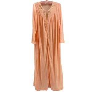 Vintage Peach Sheer Duster Dress Embroidered Floral Maxi Coquette Cottagecore M